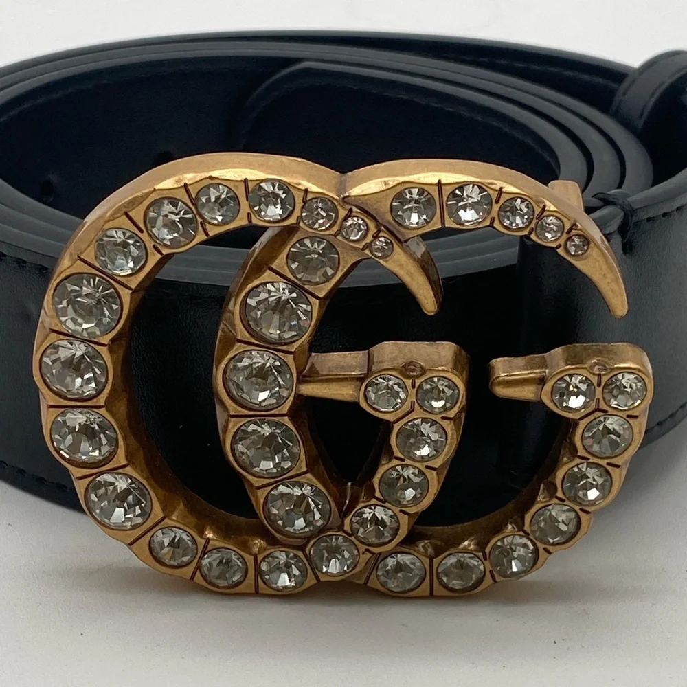 Gucci Black Leather Rhinestone Crystal GG Marmont Buckle Belt 110 XL W/ Box - Picture 6 of 14